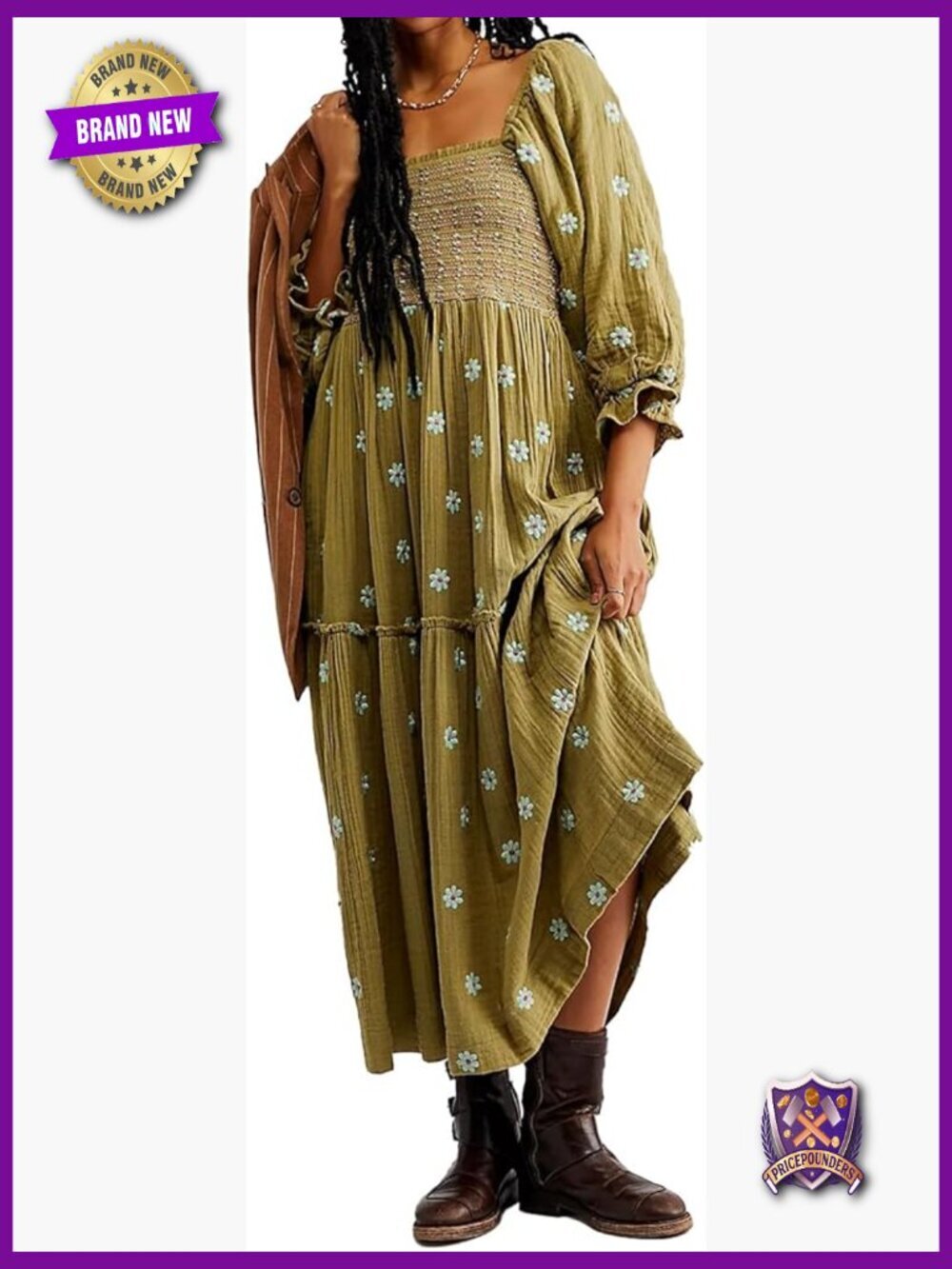 Floral Embroidered Maxi Dress Puff Sleeve Square Neck Bohemian Flowy Dress with